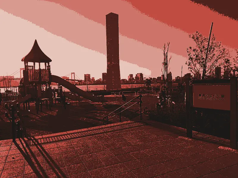 The waterfront back toward Toyosu, printed in two inks